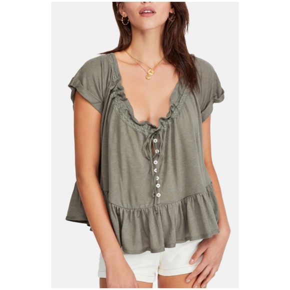 FREE PEOPLE Charlie Army Sage Short Sleeve Tee Blouse - Picture 1 of 5